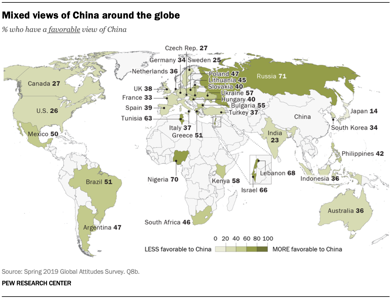 A map showing mixed views of China around the globe