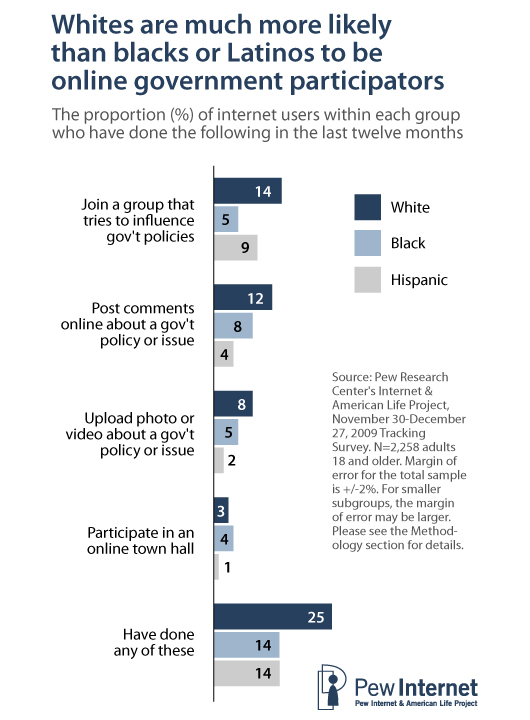 Unlike government social media users—who mirror the overall internet population in terms of their racial makeup—the online government participator population is more heavily composed of whites. 