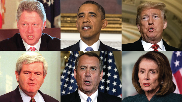 From left, Presidents Bill Clinton and Barack Obama faced budget impasses with Congress under Speakers Newt Gingrich and John Boehner, respectively. The current shutdown has seen a standoff between President Donald Trump and Speaker Nancy Pelosi. (Clockwise, from top left: Richard Ellis/AFP, Saul Loeb/AFP, Alex Wong, Cheriss May/NurPhoto, Win McNamee, Joyce Naltchayan/AFP, all via Getty Images)