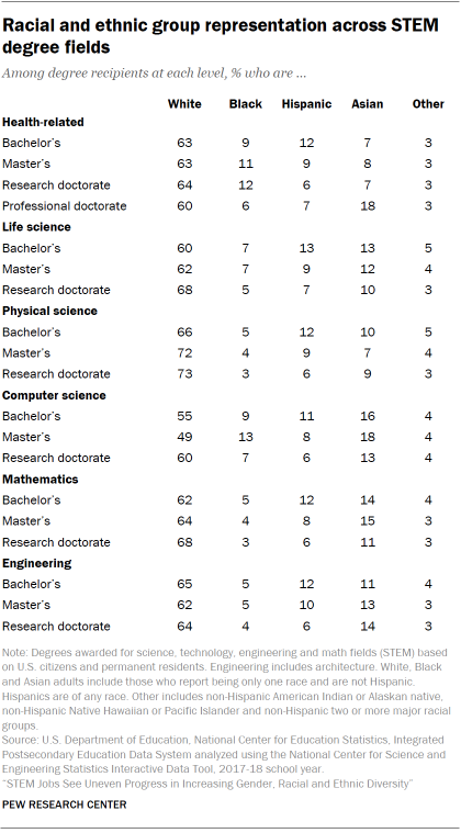 Chart shows racial and ethnic group representation across STEM degree fields