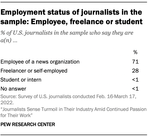 Table showing employment status of journalists in the sample: Employee, freelance or student