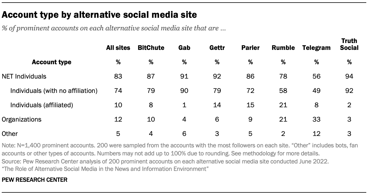 Table showing account type by alternative social media site