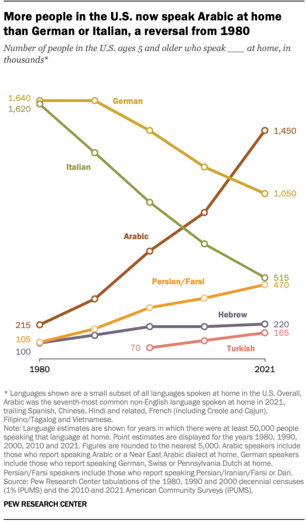 More people in the U.S. now speak Arabic at home than German or Italian, a reversal from 1980