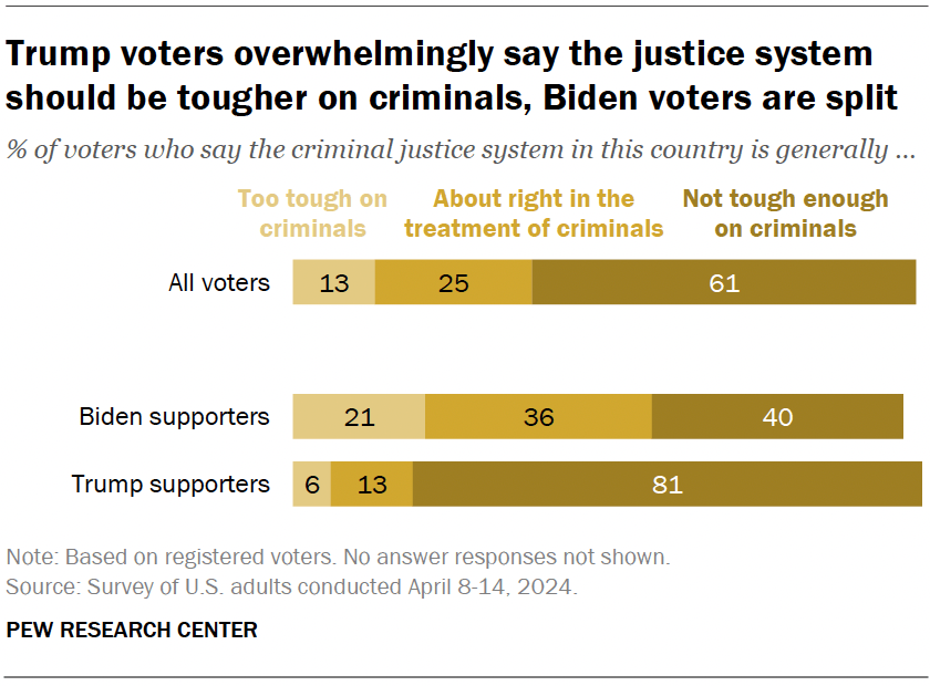 Trump voters overwhelmingly say the justice system should be tougher on criminals, Biden voters are split