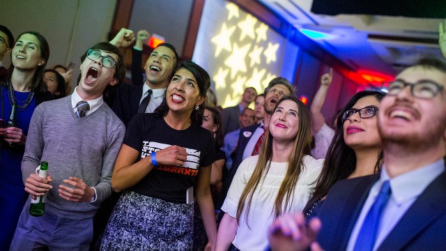 People react to 2018 midterm election results during a watch party in Washington, D.C., on Nov. 6, 2018. (Zach Gibson/Getty Images)