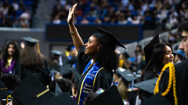 Students look for family and friends during UCLA's commencement ceremony on June 16, 2023. (Sarah Reingewirtz/MediaNews Group/Los Angeles Daily News via Getty Images)