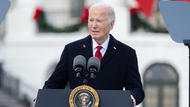 President Joe Biden speaks outside the White House on Dec. 1, 2024, in Washington, D.C. Biden announced that evening that he had pardoned his son Hunter, who was convicted of federal tax evasion and gun charges earlier in the year. (Nathan Posner/Anadolu via Getty Images)