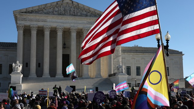 Transgender rights supporters and opponents rally outside the Supreme Court in Washington, D.C., as the court hears a case on transgender health rights on Dec. 4, 2024. (Kevin Dietsch/Getty Images)