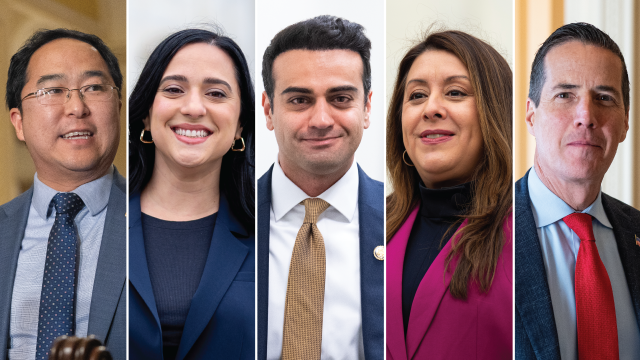 From left: New Jersey Sen. Andy Kim, the son of Korean immigrants; Arizona Rep. Yassamin Ansari, the daughter of Iranian immigrants; Arizona Rep. Abe Hamadeh, the son of Syrian immigrants; California Rep. Luz Rivas, the daughter of Mexican immigrants; and Ohio Sen. Bernie Moreno, a Colombian immigrant. (Nathan Posner/Anadolu via Getty Images; Andrew Harnik/Getty Images; Bill Clark/CQ-Roll Call, Inc. via Getty Images)