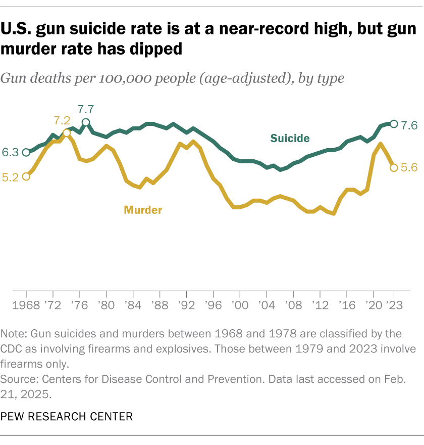 U.S. gun suicide rate is at a near-record high, but gun murder rate has dipped