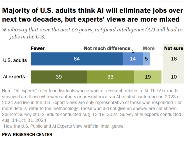 A horizontal stacked bar chart showing that a majority of U.S. adults think AI will eliminate jobs over next two decades, but experts’ views are more mixed.
