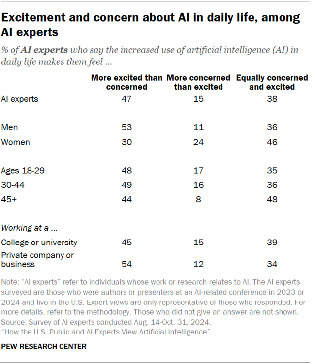 A table showing excitement and concern about AI in daily life, among AI experts.