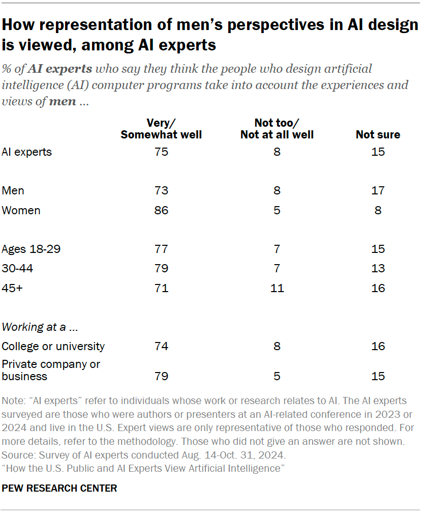 How representation of men’s perspectives in AI design is viewed, among AI experts