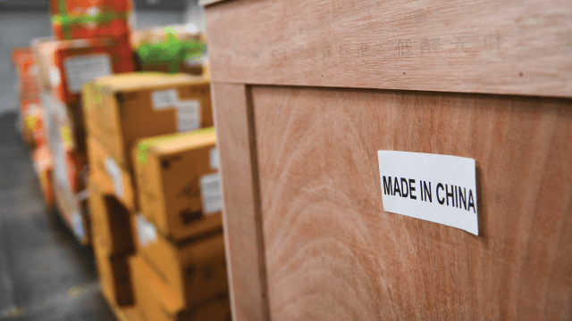 A shipping crate from China awaits inspection by U.S. Customs and Border Protection at a Los Angeles freight facility in 2022.