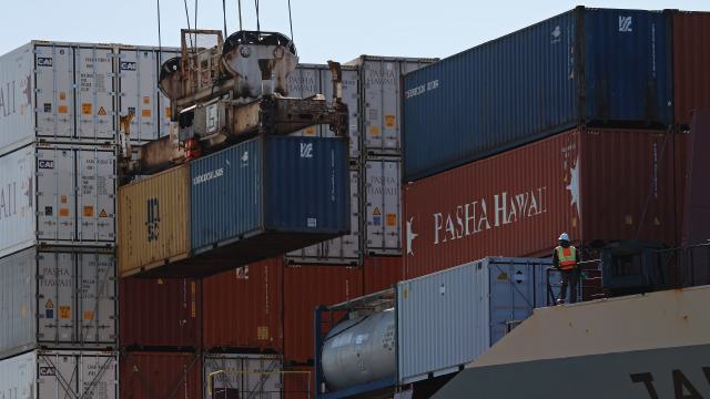 Shipping containers are offloaded at the Port of Oakland in California on April 2, 2025. (Justin Sullivan/Getty Images)