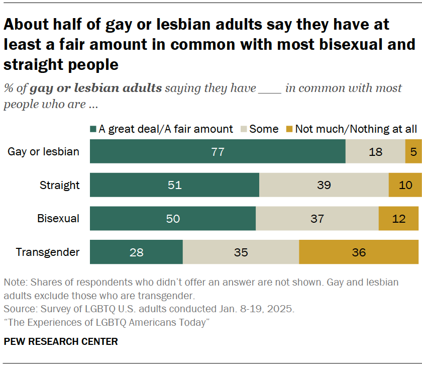 About half of gay or lesbian adults say they have at least a fair amount in common with most bisexual and straight people