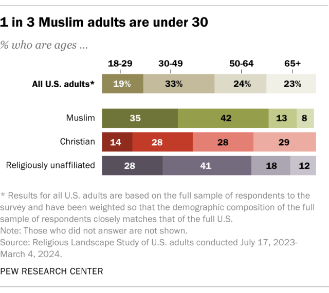 A horizontal stacked bar chart showing that 1 in 3 Muslim adults are under 30.