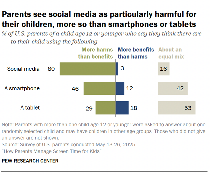 Parents see social media as particularly harmful for their children, more so than smartphones or tablets