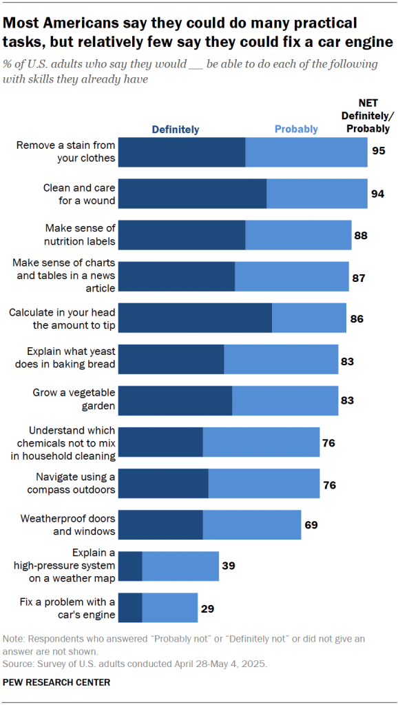 Most Americans say they could do many practical tasks, but relatively few say they could fix a car engine