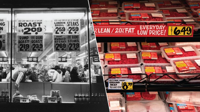 A New York City grocery store on Jan. 16, 1980, and a Washington, D.C., grocery store on April 12, 2026. (Barbara Alper/Getty Images; Al Drago/Getty Images)