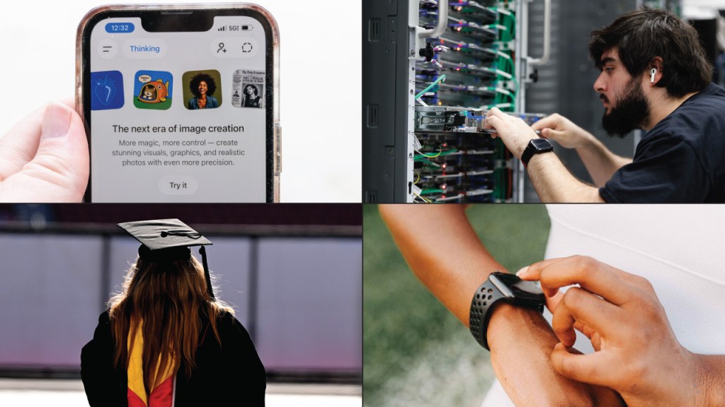 Clockwise, from top right: An employee at an Amazon Web Services lab in Austin, Texas; a woman uses a smartwatch; a student before commencement at the University of Southern California; a person uses ChatGPT on a smartphone. (Mark Felix/AFP, Stefania Pelfini la Waziya, Keith Birmingham/MediaNews Group/Pasadena Star-News, Smith Collection/Gado, all via Getty Images)