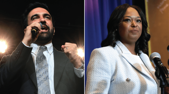 2 cropped photos side by side showing New York City Mayor Zohran Mamdani and Washington, D.C., mayoral candidate Janeese Lewis George. (Michael M. Santiago/Getty Images; Craig Hudson for The Washington Post via Getty Images)
