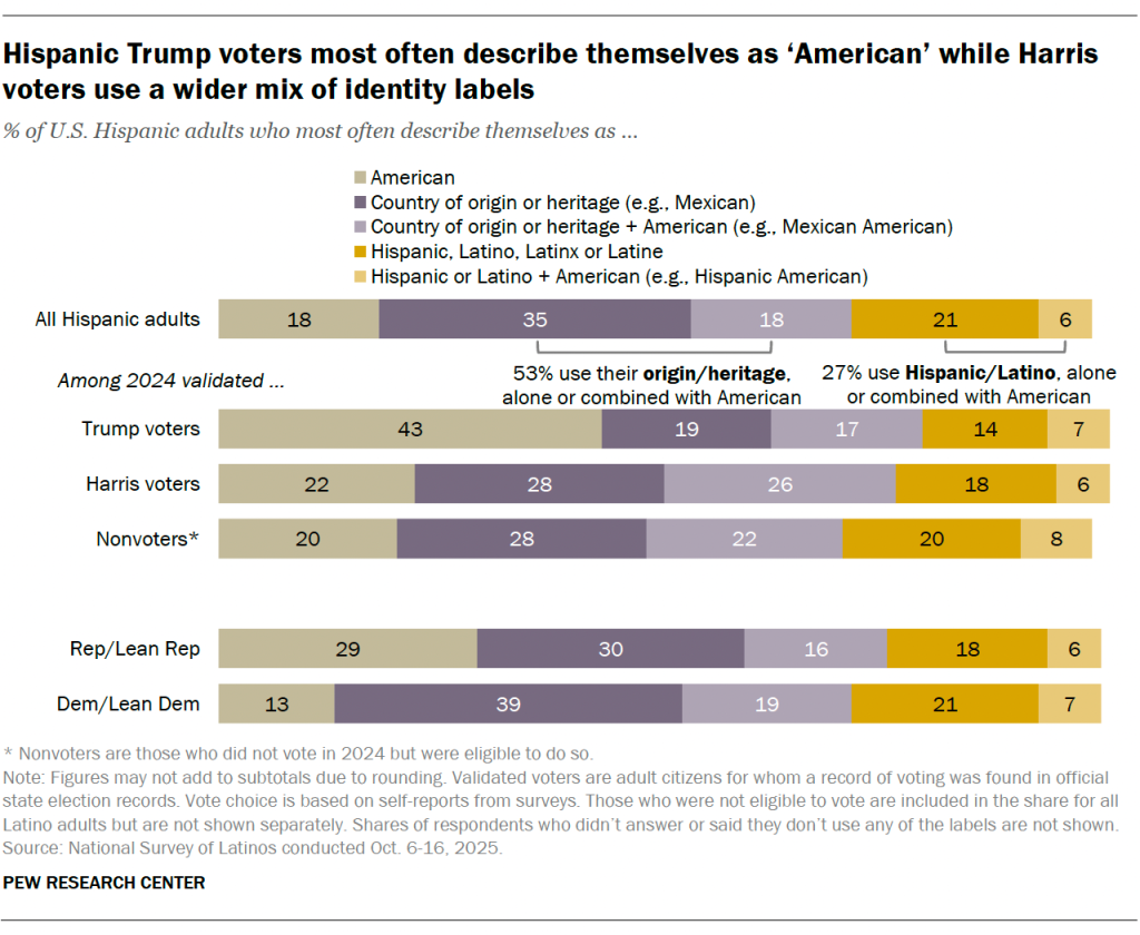 Hispanic Trump voters most often describe themselves as ‘American’ while Harris voters use a wider mix of identity labels